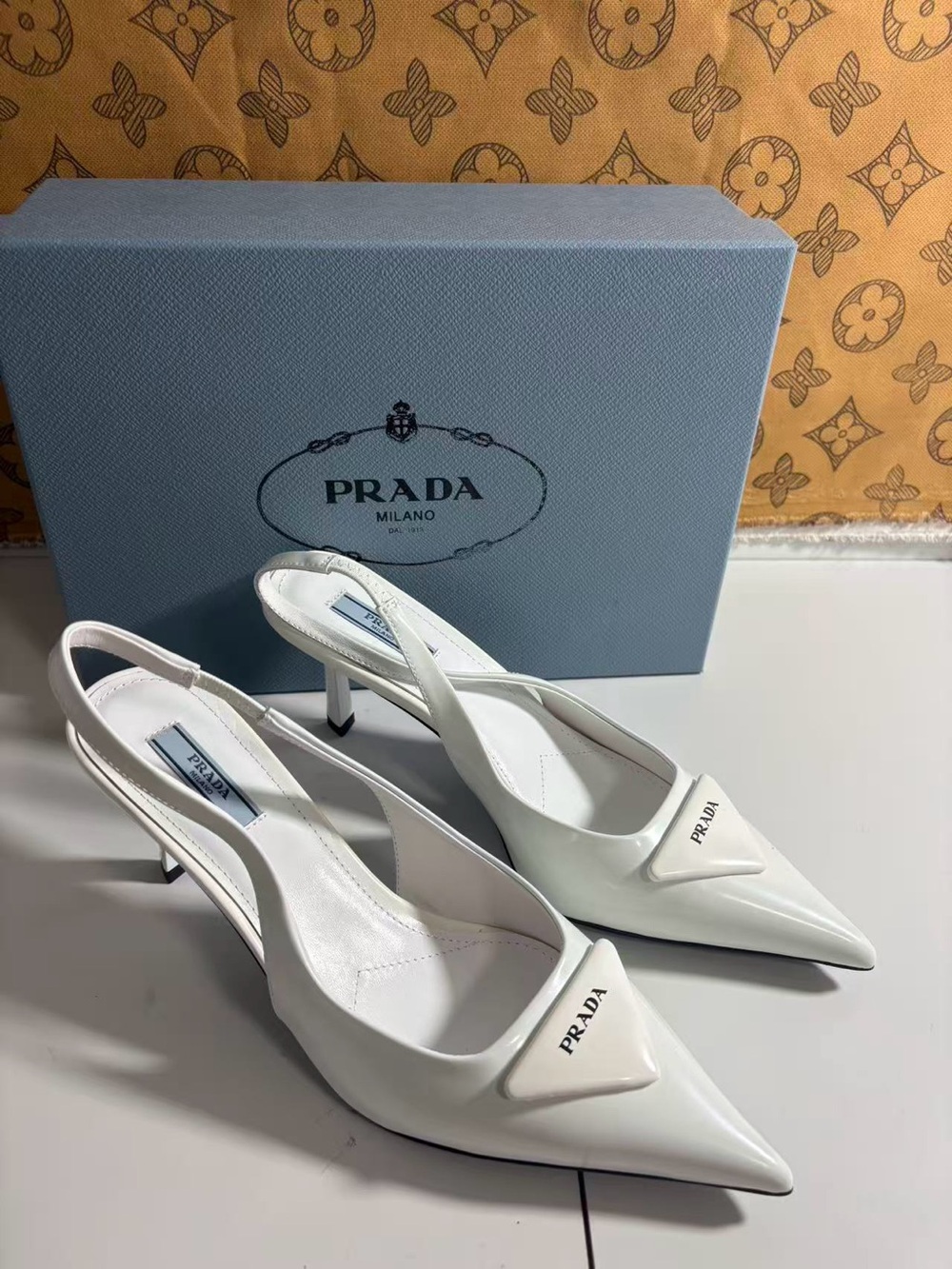 Prada Linea Rossa White Patent Leather Pointed Slingback Heels